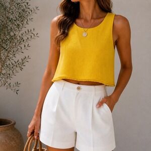 Zara Crop Top Women Size M Yellow Textured Frayed Hem Sleeveless Zipper